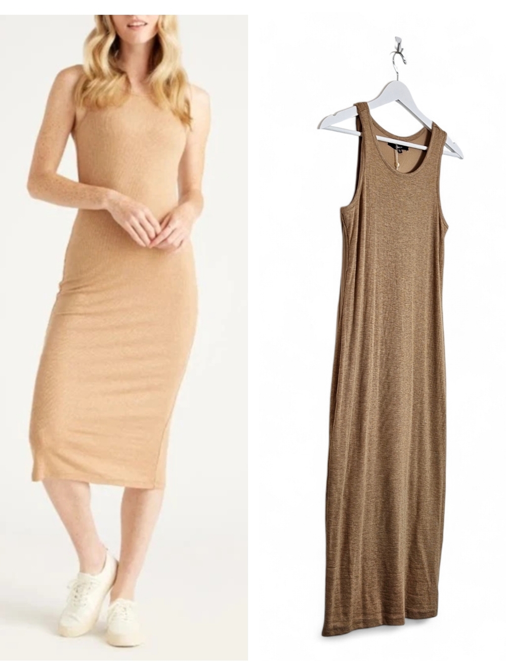 Quince Tencel Rib Knit Tank Midi Dress S Camel Bodycon Minimalist Stretch NWT
